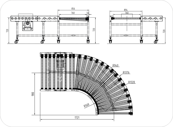 轉(zhuǎn)彎式滾筒輸送機(jī)示意圖 轉(zhuǎn)彎式滾筒輸送機(jī)示意圖